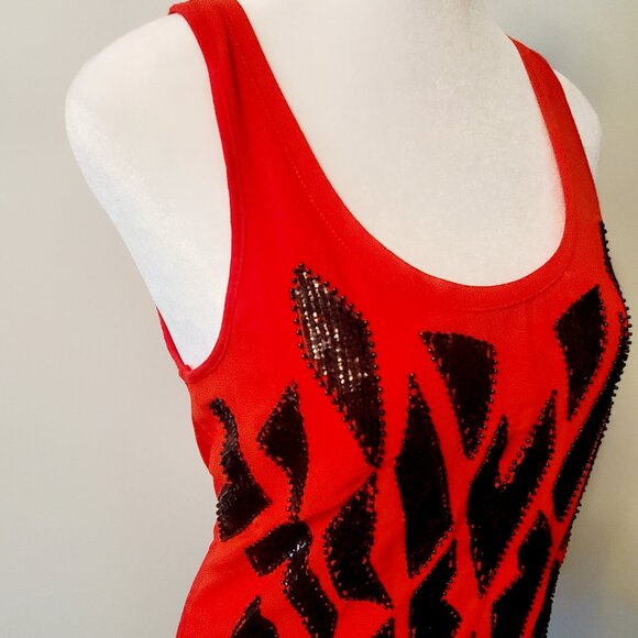 BOGO 50% EXPRESS Y2K Women's XS Red Tank Top Black Beaded Abstract Geo Design - Picture 5 of 6